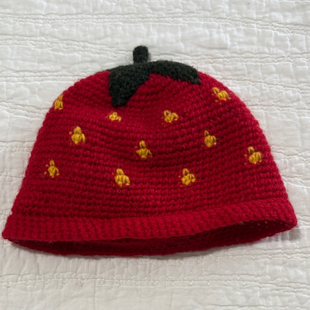 Strawberry Knit Kids Hat - Red and Black - Picture 2 of 7